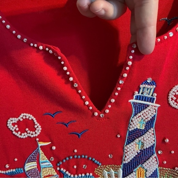 Quaker Factory Red Beaded Embroidered Lighthouse Nautical Themed Top Size Large - Picture 2 of 8